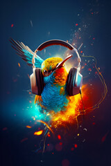 Sticker - Colorful bird with headphones on it's head is surrounded by fire. Generative AI.