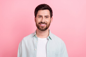 Poster - Photo portrait of handsome young guy toothy beaming smile face wear trendy blue outfit isolated on pink color background