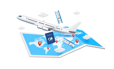 Wall Mural - Airplane is taking off with passport, air ticket and positioning pins red on world map paper blue. Travel transport concept. For advertising media about tourism. 3D file PNG illustration.