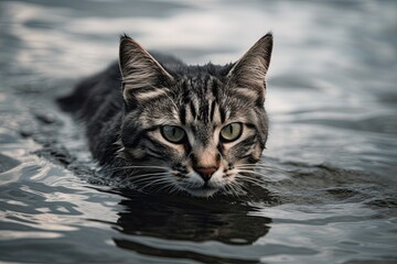 Adorable Grey Purebred Felino Swimming in the Ocean: Sweet Furry Mammal With Short Hair and White Striped Eye. Generative AI