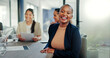 © C Coetzee/peopleimages.com - Meeting, happy and face of a business woman in discussion for a corporate project with her team. Collaboration, teamwork and portrait of a African female employee planning a strategy in the office.