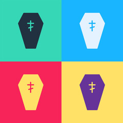 Wall Mural - Pop art Coffin with christian cross icon isolated on color background. Happy Halloween party. Vector