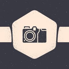 Canvas Print - Grunge Photo camera icon isolated on grey background. Foto camera icon. Monochrome vintage drawing. Vector