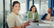 © C Coetzee/peopleimages.com - Business, woman and portrait with tablet in office for online planning, strategy and smile. Female worker working on digital technology for productivity, connection and happiness in startup company