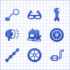 Poster - Set Gloves, Bicycle wheel, pedal, chain, head lamp, Wrench spanner and rear view mirror icon. Vector