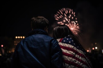 Wall Mural - 4th of july American Independence Day, a couple wrapped in a usa flag, sit together and watching on celebration with fireworks