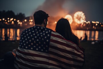 Wall Mural - 4th of july American Independence Day, a couple wrapped in a usa flag, sit together and watching on celebration with fireworks