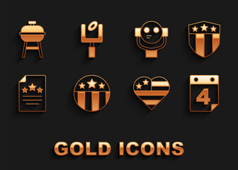 Poster - Set Medal with star, Shield stars, Calendar date July 4, USA Independence day, Declaration of independence, Tourist binoculars, Barbecue grill and American football goal post icon. Vector