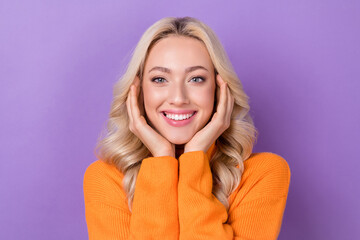 Poster - Photo of satisfied glad young person arms touch cheekbones beaming smile isolated on violet color background