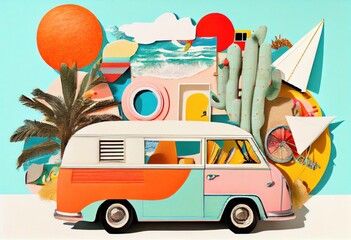 Retro stylefashion Colorful creative vacation holidays travel concept. Paper collage, tropical flowers, minivan beetle, car, pop colors.