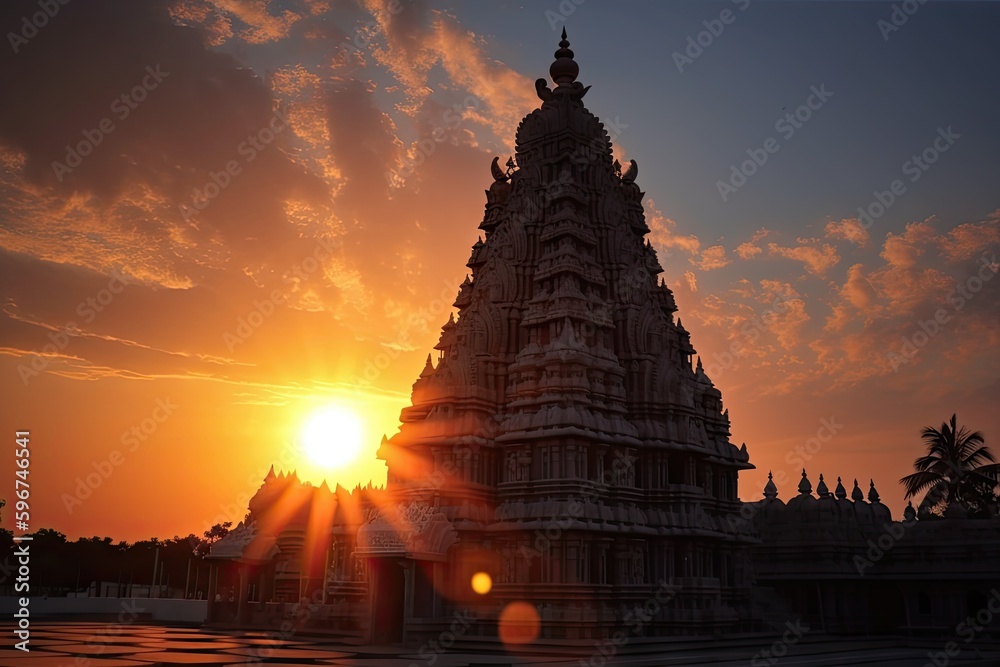view of hindu temple, with the sun setting in the background, casting a ...