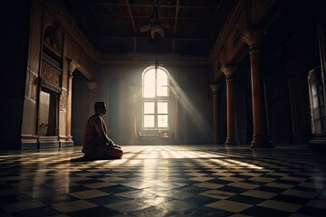 Poster - person, meditating in the quiet and peaceful atmosphere of hindu temple, created with generative ai