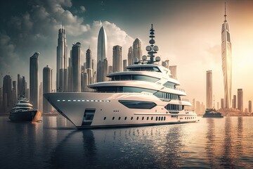 Wall Mural - luxury yacht anchored in harbor, surrounded by bustling cityscape, created with generative ai