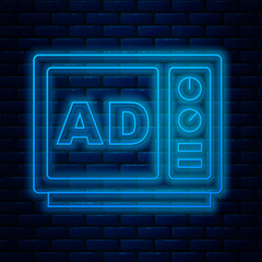 Poster - Glowing neon line Advertising icon isolated on brick wall background. Concept of marketing and promotion process. Responsive ads. Social media advertising. Vector