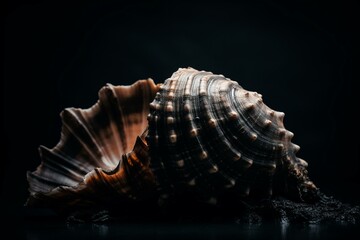 Canvas Print - Black background with a seashell. Generative AI