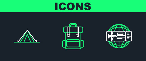 Sticker - Set line Airline ticket, Tourist tent and Hiking backpack icon. Vector