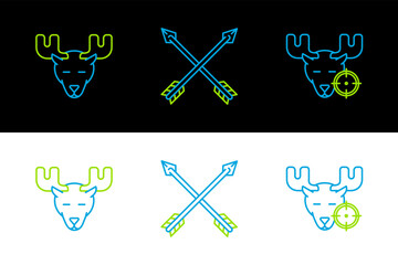 Canvas Print - Set line Hunt on moose with crosshairs, Moose head horns and Crossed arrows icon. Vector