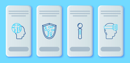 Poster - Set line Cyber security, Gamepad, Human brain as digital circuit board and Virtual reality glasses icon. Vector