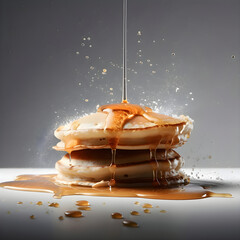 Wall Mural - Pancakes with honey and maple syrup on a black background.
