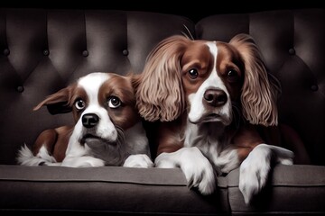 Canvas Print - two dogs sitting on couch, next to each other, with their heads resting on one another, created with generative ai