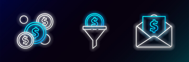 Sticker - Set line Envelope with coin dollar, Coin money and Lead management icon. Glowing neon. Vector