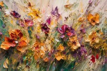 Abstract Impressionist Painting Of Colorful Wild Flowers In Impasto Oil On Canvas. Modern Art Fragment. Generative AI
