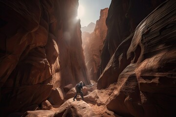 Poster - person, climbing precarious rock face, surrounded by towering canyons, created with generative ai