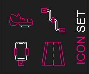 Poster - Set line Bicycle lane, Mobile holder, pedals and shoes icon. Vector