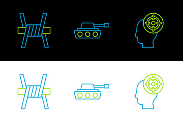 Sticker - Set line Target sport, Barbed wire and Military tank icon. Vector