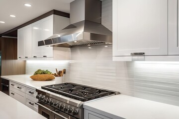Wall Mural - gleaming stainless steel range hood and sleek countertops in modern white kitchen, created with generative ai