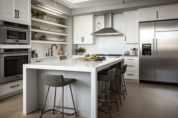 Poster - white kitchen with grey accents and sleek appliances, created with generative ai