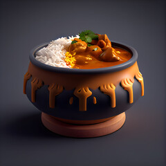 Wall Mural - Indian chicken curry with rice in a clay pot on a dark background