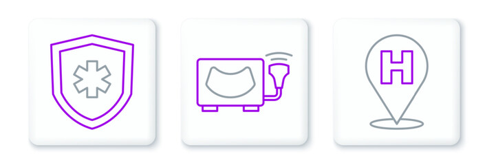 Sticker - Set line Location hospital, Life insurance and Ultrasound icon. Vector