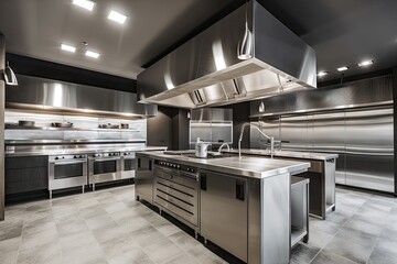 Wall Mural - restaurant kitchen with sleek and stylish design, featuring modern appliances and stainless steel, created with generative ai