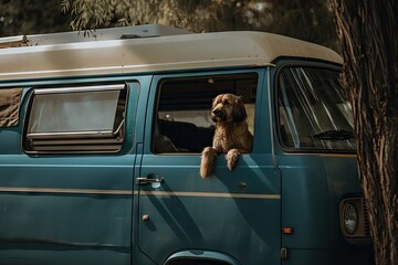 Poster - pet van, with dog sitting on the seat and sticking its head out of window, created with generative ai