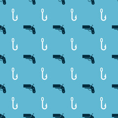 Poster - Set Flare gun pistol and Fishing hook on seamless pattern. Vector