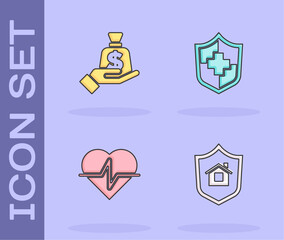 Sticker - Set House with shield, Money in hand, Life insurance and icon. Vector