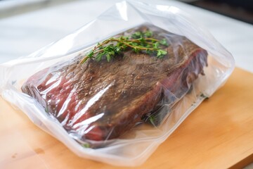 Wall Mural - sous-vide flank steak, cooked to succulent perfection in vacuum bag, created with generative ai