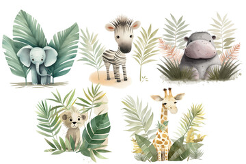 Sticker - Safari Animal set Hippo, elephant, giraffe, lion and zebra in palm leaves in 3d style. Isolated . Generative AI