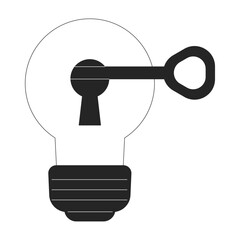 Fototapete - Key unlocks lightbulb keyhole flat line black white vector object. Generate business idea. Editable cartoon style icon. Simple isolated outline spot illustration for web graphic design and animation