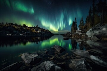 Wall Mural - auroras dancing over the calm waters of a lake, created with generative ai