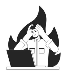 Poster - Job burnout bw concept vector spot illustration. Stressed employee with laptop at work 2D cartoon flat line monochromatic character for web app UI design. Exhaustion editable outline hero image
