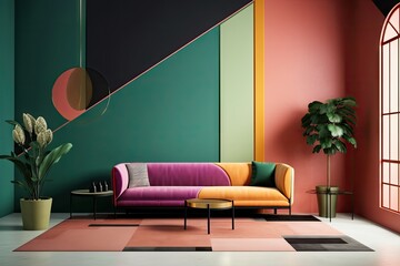 Canvas Print - bold color block wall with minimalist sofa and coffee table, created with generative ai