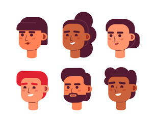 Poster - Pleasantly satisfied modern men, women semi flat vector character head set. Editable cartoon avatar icons. Face emotions. Colorful spot illustration pack for web graphic design and animation