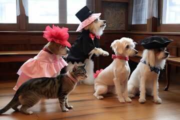 Wall Mural - a cutesy dance routine with dogs wearing tutus and cats in top hats, created with generative ai