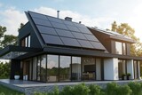Fototapeta Londyn - Solar panels on modern house roof, modern eco-living, AI generated
