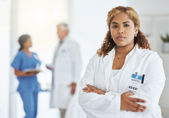 Poster - Your healthcare needs are always my top concern. Portrait of a young doctor standing with her arms crossed in a hospital.