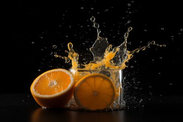 Wall Mural - Orange juice splashes on black background. Generative AI