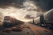 An innovative cargo transportation concept involving trains, planes, and trucks against a dramatic sky with modern futuristic design. Generative AI