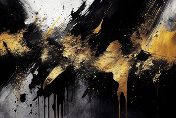 Splashes of bright paint on the canvas.Gold, black and gray colors. Interior painting. Beautiful background. Generative AI.